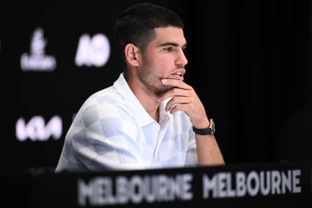 TENNIS AUSTRALIAN OPEN PRACTICE, Carlos Alcaraz of Spain during a press conference, PK, Pressekonferenz ahead of the Australian Open at Melbourne Park in Melbourne, Saturday, January 11, 2025. ( NO ARCHIVING, EDITORIAL USE ONLY, NO USE IN BOOKS WITHOUT CONSENT Melbourne Victoria Australia  Copyright: xJOELxCARRETTx 20250111138668833737