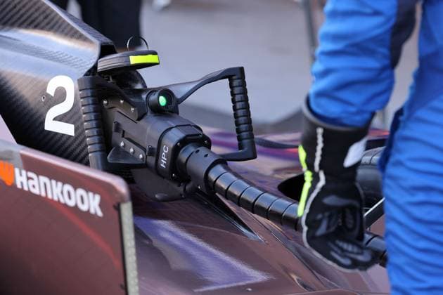 Docked plug of the fast charger on Stoffel Vandoornes Maserati, FIA Formula E World Championship Season 11, Mexico City E Prix, 10 01 2025, Mexico, 1 free practice, E Mobility,