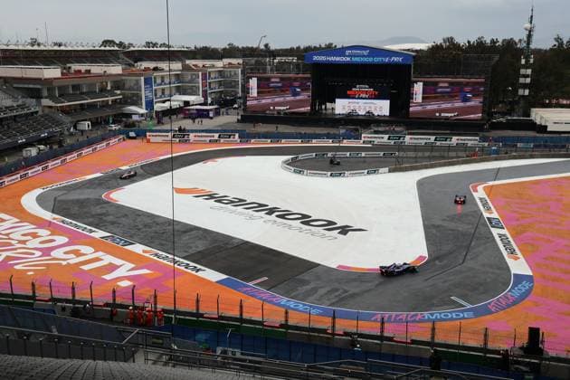 Infield with podium in the former baseball stadium, FIA Formula E World Championship Season 11, Mexico City E Prix, 10 01 2025, Mexico, 1 free practice, hangkook advertising