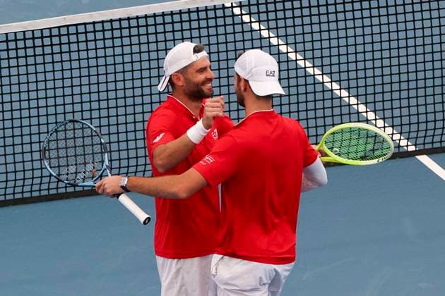 TENNIS ADELAIDE INTERNATIONAL, Simone Bolelli and Andrea Vavassori of Italy celebrate victory in the mens doubles Final match against Kevin Krawietz and Tim Puetz of Germany during the Adelaide International at Memorial Drive Tennis Club in Adelaide, Saturday, January 11, 2025. ( NO ARCHIVING, EDITORIAL USE ONLY, NO USE IN BOOKS WITHOUT CONSENT ADELAIDE SOUTH AUSTRALIA AUSTRALIA  Copyright: xMATTxTURNERx 20250111134479766926