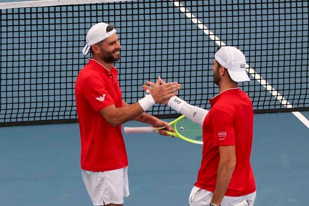 TENNIS ADELAIDE INTERNATIONAL, Simone Bolelli and Andrea Vavassori of Italy celebrate victory in the mens doubles Final match against Kevin Krawietz and Tim Puetz of Germany during the Adelaide International at Memorial Drive Tennis Club in Adelaide, Saturday, January 11, 2025. ( NO ARCHIVING, EDITORIAL USE ONLY, NO USE IN BOOKS WITHOUT CONSENT ADELAIDE SOUTH AUSTRALIA AUSTRALIA  Copyright: xMATTxTURNERx 20250111175615816385
