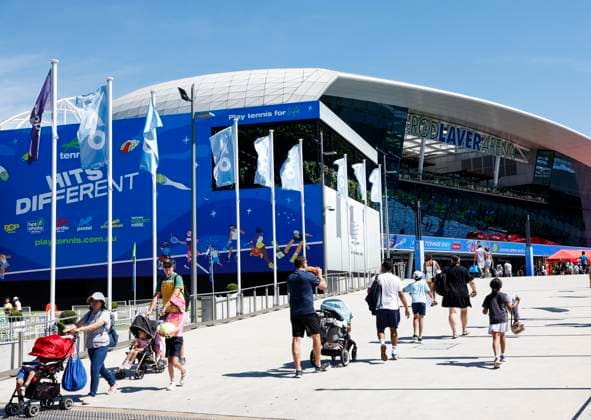 (250111) -- MELBOURNE, Jan. 11, 2025 -- People walk outside the Rod Laver Arena, located at Melbourne Park in Melbourne, Australia, Jan. 11, 2025. The main draw of the 2025 Australian Open runs from Jan. 12 to 26. ) (SP)AUSTRALIA-MELBOURNE-AUSTRALIAN OPEN MaxPing 