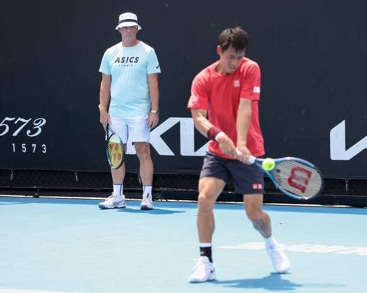Kei Nishikori blurred and coach, coach Thomas Johansson, training, Australian Open 2024, Melbourne Park, Melbourne, Victoria, Australia Copyright: xJuergenxHasenkopfx