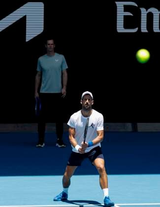 (250111) -- MELBOURNE, Jan. 11, 2025 -- Novak Djokovic (front) of Serbia and his coach Andy Murray attend a training session during the Australian Open tennis tournament in Melbourne, Australia, Jan. 11, 2025. ) (SP)AUSTRALIA-MELBOURNE-TENNIS-AUSTRALIAN OPEN-TRAINING MaxPing 
