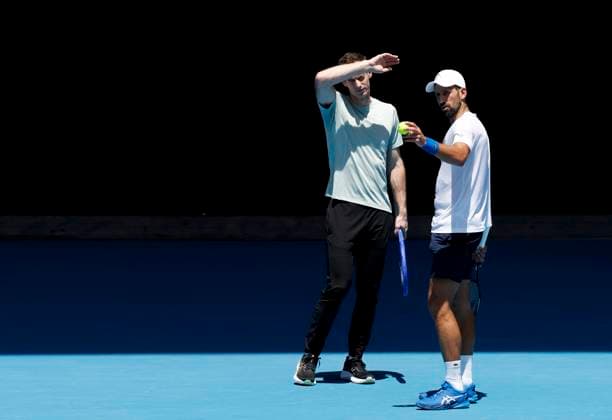 (250111) -- MELBOURNE, Jan. 11, 2025 -- Novak Djokovic (R) of Serbia and his coach Andy Murray attend a training session during the Australian Open tennis tournament in Melbourne, Australia, Jan. 11, 2025. ) (SP)AUSTRALIA-MELBOURNE-TENNIS-AUSTRALIAN OPEN-TRAINING MaxPing 