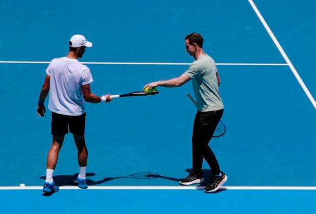 (250111) -- MELBOURNE, Jan. 11, 2025 -- Novak Djokovic (L) of Serbia and his coach Andy Murray attend a training session during the Australian Open tennis tournament in Melbourne, Australia, Jan. 11, 2025. ) (SP)AUSTRALIA-MELBOURNE-TENNIS-AUSTRALIAN OPEN-TRAINING MaxPing 