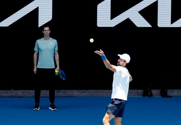 (250111) -- MELBOURNE, Jan. 11, 2025 -- Novak Djokovic (R) of Serbia and his coach Andy Murray attend a training session during the Australian Open tennis tournament in Melbourne, Australia, Jan. 11, 2025. ) (SP)AUSTRALIA-MELBOURNE-TENNIS-AUSTRALIAN OPEN-TRAINING MaxPing 