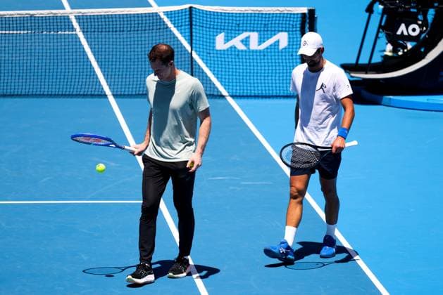January 11, 2025: MELBOURNE, AUSTRALIA - JANUARY 11: Novak Djokovic of Serbia with coach Andy Murray of Great Britain during practice ahead of the 2025 Australian Open at Melbourne Park on January 11, 2025 in Melbourne, Australia. - ZUMAp121 20250111_zsp_p121_005 Copyright: xChrisxPutnamx