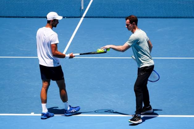 January 11, 2025: MELBOURNE, AUSTRALIA - JANUARY 11: Novak Djokovic of Serbia with coach Andy Murray of Great Britain during practice ahead of the 2025 Australian Open at Melbourne Park on January 11, 2025 in Melbourne, Australia. - ZUMAp121 20250111_zsp_p121_010 Copyright: xChrisxPutnamx