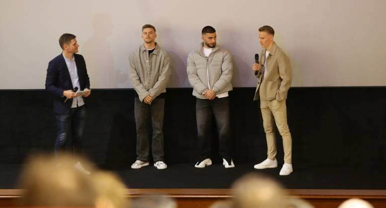 Stuttgart , Documentary Our Team The European Home Championship 2024 at CinemaxX Stuttgart SI Centrum , from left Dirk Preiß Maximilian Mittelstädt Deniz Undav Chris Führich