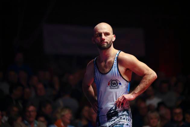 Semifinal Wrestling Bundesliga ASV Schorndorf vs SV Wacker Burghausen 61kg Greek Roman Fabian Schmitt SV Wacker Burghausen in blue during the semifinal match of the German Team Championship between ASV Schorndorf and SV Wacker Burghausen in the Birtat Wrestling Bundesliga on 01 01 2025 in Schorndorf, Germany