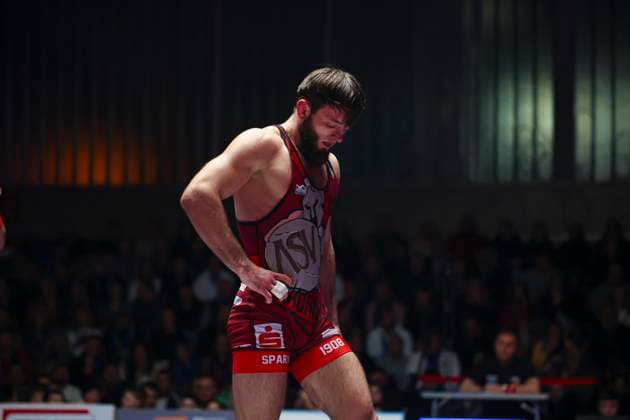Semifinal Wrestling Bundesliga ASV Schorndorf vs SV Wacker Burghausen 71kg Greek Roman Ruslan Kudrynets ASV Schorndorf in red during the semifinal match of the German Team Championship between ASV Schorndorf and SV Wacker Burghausen in the Birtat Wrestling Bundesliga on 01 01 2025 in Schorndorf, Germany