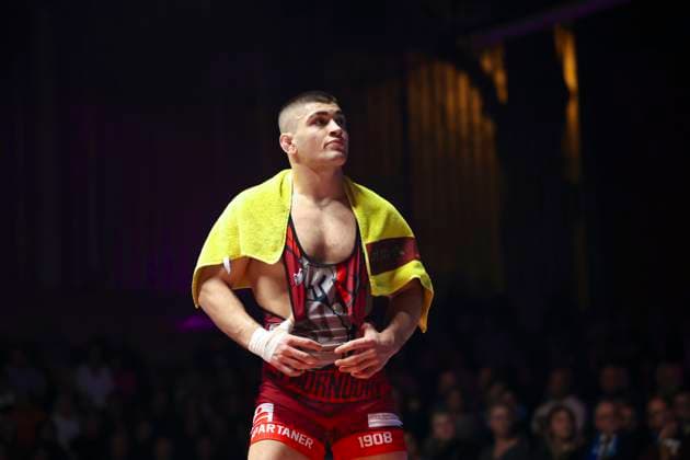Semifinal wrestling Bundesliga ASV Schorndorf vs SV Wacker Burghausen 86kg freestyle Arseni Dzhioev ASV Schorndorf in red vs during the semifinal fight of the German team championship between ASV Schorndorf and SV Wacker Burghausen in the Birtat wrestling Bundesliga on 01 01 2025 in Schorndorf, Germany