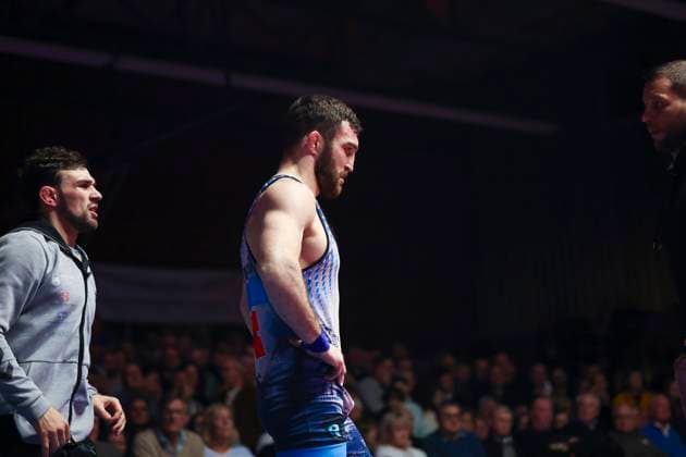 Semifinal Wrestling Bundesliga ASV Schorndorf vs SV Wacker Burghausen 75kg freestyle David Baev SV Wacker Burghausen in blue during the semifinal match of the German Team Championship between ASV Schorndorf and SV Wacker Burghausen in the Birtat Wrestling Bundesliga on 01 01 2025 in Schorndorf, Germany