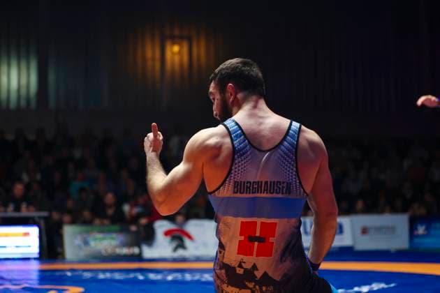 Semifinal Wrestling Bundesliga ASV Schorndorf vs SV Wacker Burghausen 75kg freestyle David Baev SV Wacker Burghausen in blue during the semifinal match of the German Team Championship between ASV Schorndorf and SV Wacker Burghausen in the Birtat Wrestling Bundesliga on 01 01 2025 in Schorndorf, Germany