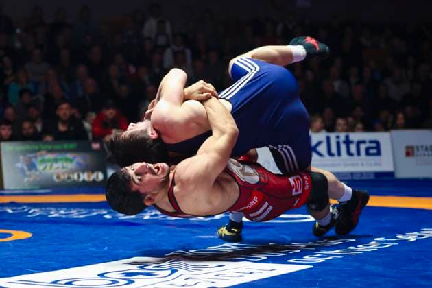 Semifinal Wrestling Bundesliga ASV Schorndorf vs SV Wacker Burghausen 80kg Greek Roman Ahmet Yilmaz ASV Schorndorf in red vs Idris Ibaev SV Wacker Burghausen in blue during the semifinal match of the German Team Championship between ASV Schorndorf and SV Wacker Burghausen in the Birtat Wrestling Bundesliga on 01 01 2025 in Schorndorf, Germany