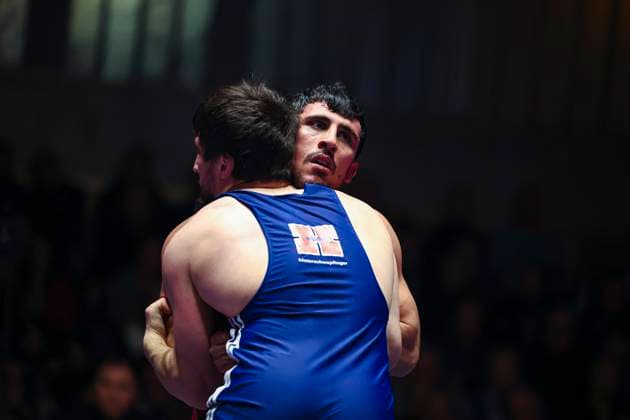 Semifinal Wrestling Bundesliga ASV Schorndorf vs SV Wacker Burghausen 80kg Greek Roman Ahmet Yilmaz ASV Schorndorf in red vs Idris Ibaev SV Wacker Burghausen in blue during the semifinal match of the German Team Championship between ASV Schorndorf and SV Wacker Burghausen in the Birtat Wrestling Bundesliga on 01 01 2025 in Schorndorf, Germany