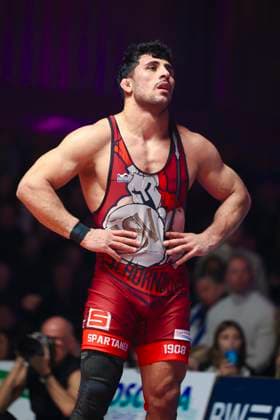 Semifinal Wrestling Bundesliga ASV Schorndorf vs SV Wacker Burghausen 80kg Greek Roman Ahmet Yilmaz ASV Schorndorf in red during the semifinal match of the German Team Championship between ASV Schorndorf and SV Wacker Burghausen in the Birtat Wrestling Bundesliga on 01 01 2025 in Schorndorf, Germany