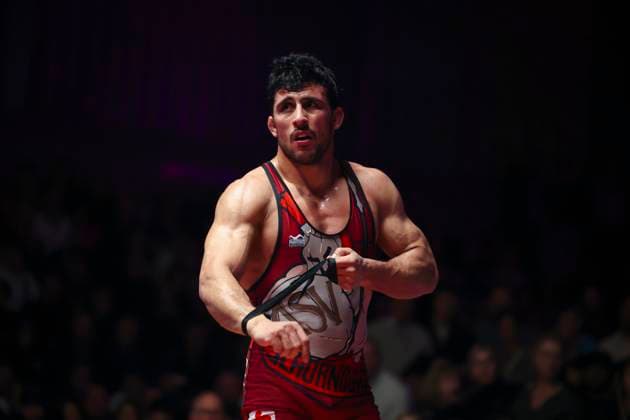 Semifinal Wrestling Bundesliga ASV Schorndorf vs SV Wacker Burghausen 80kg Greek Roman Ahmet Yilmaz ASV Schorndorf in red during the semifinal match of the German Team Championship between ASV Schorndorf and SV Wacker Burghausen in the Birtat Wrestling Bundesliga on 01 01 2025 in Schorndorf, Germany
