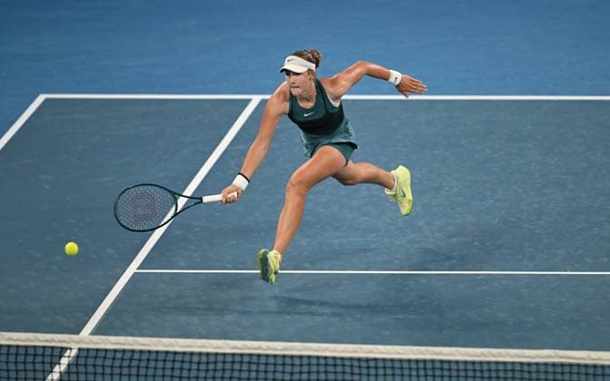 TENNIS AUSTRALIAN OPEN, Mirra Andreeva of Russia in action during her round 1 match against Marie Bouzkova of Czech Republic during the 2025 Australian Open at Melbourne Park in Melbourne, Sunday, January 12, 2025. ( NO ARCHIVING, EDITORIAL USE ONLY, NO USE IN BOOKS WITHOUT CONSENT MELBOURNE VICTORIA AUSTRALIA  Copyright: xLUKASxCOCHx 20250112110000395522