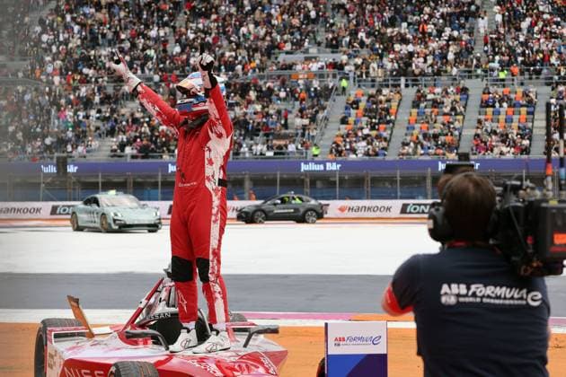 Oliver Rowland GBR Nissan stands on the Nissan Gen3 Evo race car after his victory, FIA Formula E World Championship Season 11, Mexico City E Prix, 11 01 2025, Mexico