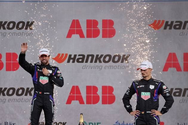 Second Antonio Felix da Costa POR Porsche and third Pascal Wehrlein GER Porsche on the podium, FIA Formula E World Championship Season 11, Mexico City E Prix, 11 01 2025, Mexico