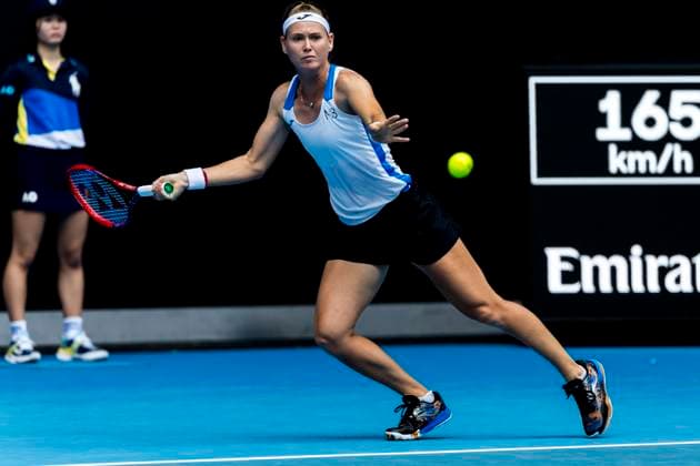 MELBOURNE, VIC - JANUARY 12: Marie Bouzkova of Czechia in action during Round 1 of the 2025 Australian Open on January 12 2025, at Melbourne Park in Melbourne, Australia. (Photo by Jason Heidrich Icon Sportswire) TENNIS: JAN 12 Australian Open EDITORIAL USE ONLY Icon250112007