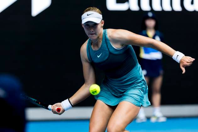 MELBOURNE, VIC - JANUARY 12: Mirra Andreeva of Russia in action during Round 1 of the 2025 Australian Open on January 12 2025, at Melbourne Park in Melbourne, Australia. (Photo by Jason Heidrich Icon Sportswire) TENNIS: JAN 12 Australian Open EDITORIAL USE ONLY Icon250112026