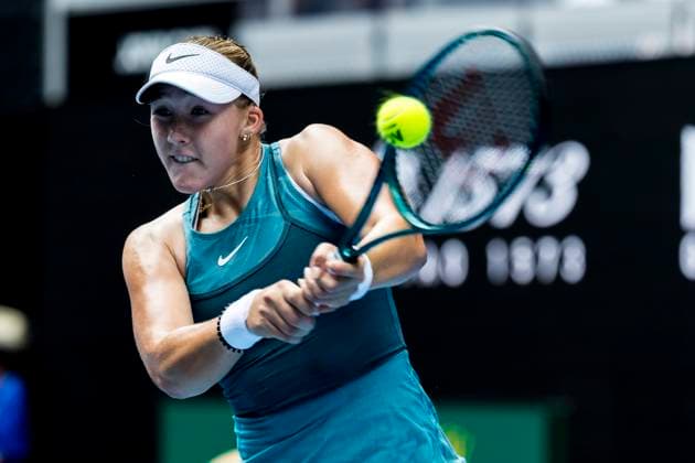 MELBOURNE, VIC - JANUARY 12: Mirra Andreeva of Russia in action during Round 1 of the 2025 Australian Open on January 12 2025, at Melbourne Park in Melbourne, Australia. (Photo by Jason Heidrich Icon Sportswire) TENNIS: JAN 12 Australian Open EDITORIAL USE ONLY Icon250112030