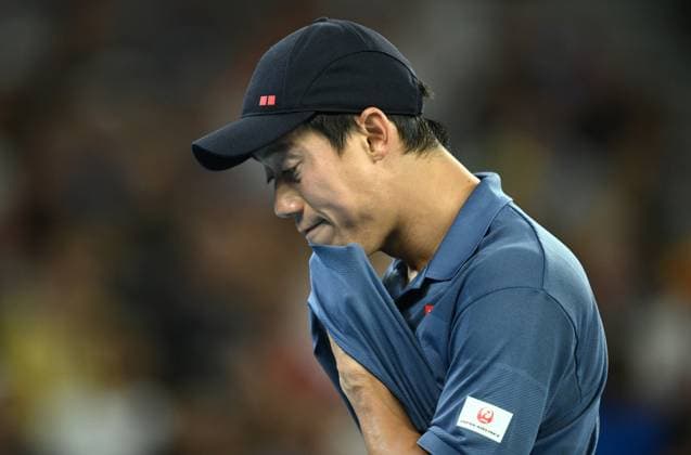 TENNIS AUSTRALIAN OPEN, Kei Nishikori of Japan reacts during his round 1 match against Thiago Monteiro of Brazil during the 2025 Australian Open at Melbourne Park in Melbourne, Sunday, January 12, 2025. ( NO ARCHIVING, EDITORIAL USE ONLY, NO USE IN BOOKS WITHOUT CONSENT MELBOURNE VICTORIA AUSTRALIA  Copyright: xJOELxCARRETTx 20250112111453936067
