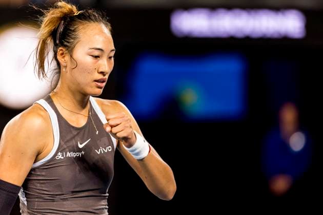 MELBOURNE, VIC - JANUARY 12: Qinwen Zheng of China celebrates during Round 1 of the 2025 Australian Open on January 12 2025, at Melbourne Park in Melbourne, Australia. (Photo by Jason Heidrich Icon Sportswire) TENNIS: JAN 12 Australian Open EDITORIAL USE ONLY Icon250112065