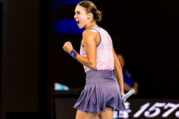 MELBOURNE, VIC - JANUARY 12: Anca Todoni of Romania celebrates during Round 1 of the 2025 Australian Open on January 12 2025, at Melbourne Park in Melbourne, Australia. (Photo by Jason Heidrich Icon Sportswire) TENNIS: JAN 12 Australian Open EDITORIAL USE ONLY Icon250112083