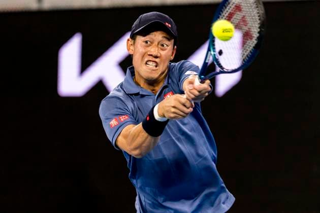 MELBOURNE, VIC - JANUARY 12: Kei Nishikori of Japan in action during Round 1 of the 2025 Australian Open on January 12 2025, at Melbourne Park in Melbourne, Australia. (Photo by Jason Heidrich Icon Sportswire) TENNIS: JAN 12 Australian Open EDITORIAL USE ONLY Icon250112097