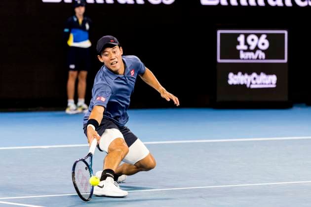 MELBOURNE, VIC - JANUARY 12: Kei Nishikori of Japan celebrates during Round 1 of the 2025 Australian Open on January 12 2025, at Melbourne Park in Melbourne, Australia. (Photo by Jason Heidrich Icon Sportswire) TENNIS: JAN 12 Australian Open EDITORIAL USE ONLY Icon250112100