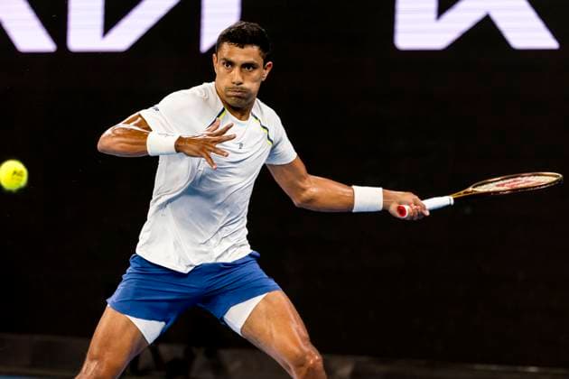 MELBOURNE, VIC - JANUARY 12: Thiago Monteiro of Brazil in action during Round 1 of the 2025 Australian Open on January 12 2025, at Melbourne Park in Melbourne, Australia. (Photo by Jason Heidrich Icon Sportswire) TENNIS: JAN 12 Australian Open EDITORIAL USE ONLY Icon250112110