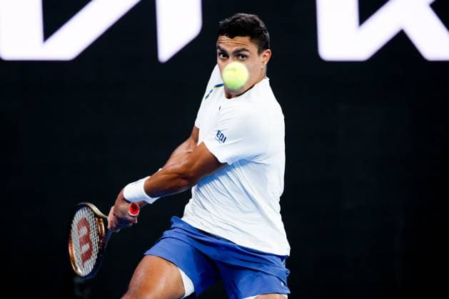 January 12, 2025: MELBOURNE, AUSTRALIA - JANUARY 12: Thiago Monteiro of Brazil whilst playing Kei Nishikori of Japan on Day 1 of the 2025 Australian Open at Melbourne Park on January 12, 2025 in Melbourne, Australia. - ZUMAp121 20250112_zsp_p121_041 Copyright: xChrisxPutnamx