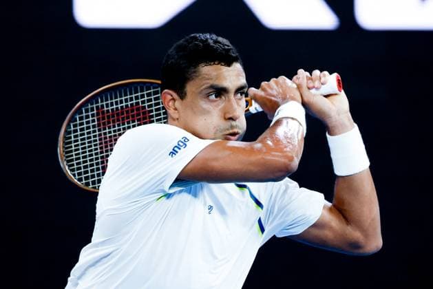 January 12, 2025: MELBOURNE, AUSTRALIA - JANUARY 12: Thiago Monteiro of Brazil whilst playing Kei Nishikori of Japan on Day 1 of the 2025 Australian Open at Melbourne Park on January 12, 2025 in Melbourne, Australia. - ZUMAp121 20250112_zsp_p121_042 Copyright: xChrisxPutnamx