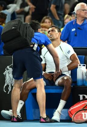 TENNIS AUSTRALIAN OPEN, Thiago Monteiro of Brazil receives medical assistance during his round 1 match against Kei Nishikori of Japan during the 2025 Australian Open at Melbourne Park in Melbourne, Sunday, January 12, 2025. ( NO ARCHIVING, EDITORIAL USE ONLY, NO USE IN BOOKS WITHOUT CONSENT MELBOURNE VICTORIA AUSTRALIA  Copyright: xJOELxCARRETTx 20250112180539679155