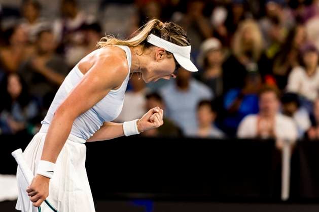 MELBOURNE, VIC - JANUARY 12: Paula Badosa of Spain celebrates during Round 1 of the 2025 Australian Open on January 12 2025, at Melbourne Park in Melbourne, Australia. (Photo by Jason Heidrich Icon Sportswire) TENNIS: JAN 12 Australian Open EDITORIAL USE ONLY Icon250112187
