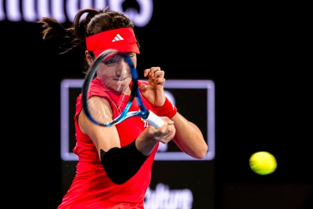 MELBOURNE, VIC - JANUARY 12: Xinyu Wang of China in action during Round 1 of the 2025 Australian Open on January 12 2025, at Melbourne Park in Melbourne, Australia. (Photo by Jason Heidrich Icon Sportswire) TENNIS: JAN 12 Australian Open EDITORIAL USE ONLY Icon250112191