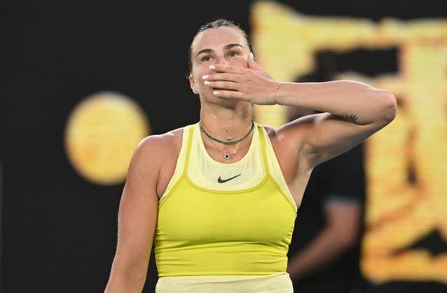 TENNIS AUSTRALIAN OPEN, Aryna Sabalenka of Belarus celebrates after winning her round 1 match against Sloane Stephens of USA during the 2025 Australian Open at Melbourne Park in Melbourne, Sunday, January 12, 2025. ( NO ARCHIVING, EDITORIAL USE ONLY, NO USE IN BOOKS WITHOUT CONSENT MELBOURNE VICTORIA AUSTRALIA  Copyright: xLUKASxCOCHx 20250112178265514214