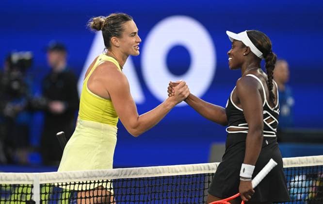 TENNIS AUSTRALIAN OPEN, Aryna Sabalenka of Belarus (left) reacts with opponent Sloane Stephens of USA following their round 1 match during the 2025 Australian Open at Melbourne Park in Melbourne, Sunday, January 12, 2025. ( NO ARCHIVING, EDITORIAL USE ONLY, NO USE IN BOOKS WITHOUT CONSENT MELBOURNE VICTORIA AUSTRALIA  Copyright: xLUKASxCOCHx 20250112182316924194