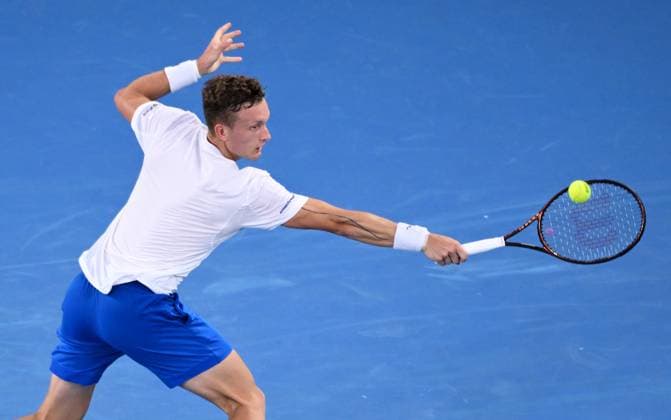 TENNIS AUSTRALIAN OPEN, Jiri Lehecka of Czech Republic in action during his round 1 match against Li Tu of Australia during the 2025 Australian Open at Melbourne Park in Melbourne, Sunday, January 12, 2025. ( NO ARCHIVING, EDITORIAL USE ONLY, NO USE IN BOOKS WITHOUT CONSENT MELBOURNE VICTORIA AUSTRALIA  Copyright: xJOELxCARRETTx 20250112143035839919