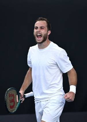 TENNIS AUSTRALIAN OPEN, Hugo Gaston of France reacts after winning the 3rd set during his round 1 match against Omar Jasika of Australia during the 2025 Australian Open at Melbourne Park in Melbourne, Sunday, January 12, 2025. ( NO ARCHIVING, EDITORIAL USE ONLY, NO USE IN BOOKS WITHOUT CONSENT MELBOURNE VICTORIA AUSTRALIA  Copyright: xJAMESxROSSx 20250112137724514534