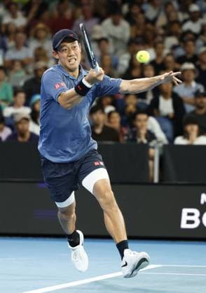 Tennis: Australian Open Japan s Kei Nishikori plays against Brazil s Thiago Monteiro in the first round of the men s singles at the Australian Open tennis tournament in Melbourne on Jan. 12, 2025.  A14AA0003969063P
