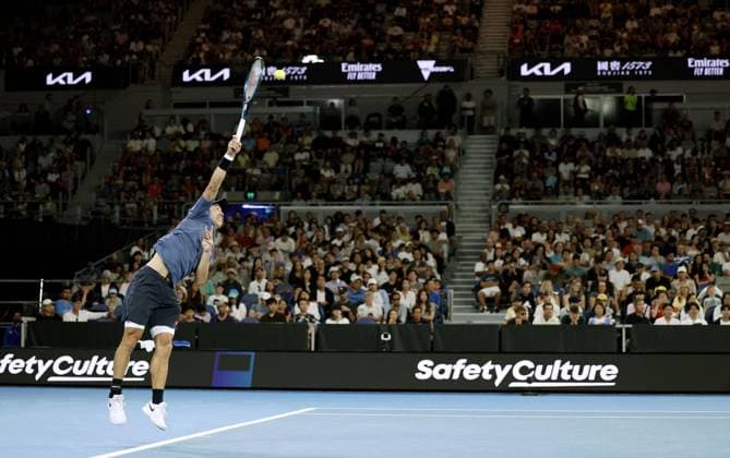 Tennis: Australian Open Japan s Kei Nishikori plays against Brazil s Thiago Monteiro in the first round of the men s singles at the Australian Open tennis tournament in Melbourne on Jan. 12, 2025.  A14AA0003969075P