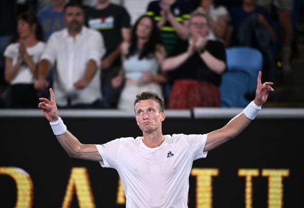 TENNIS AUSTRALIAN OPEN, Jiri Lehecka of Czech Republic reacts after winning his round 1 match against Li Tu of Australia during the 2025 Australian Open at Melbourne Park in Melbourne, Sunday, January 12, 2025. ( NO ARCHIVING, EDITORIAL USE ONLY, NO USE IN BOOKS WITHOUT CONSENT MELBOURNE VICTORIA AUSTRALIA  Copyright: xJOELxCARRETTx 20250112165248019260