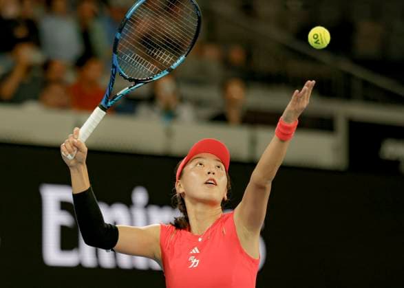 (250112) -- MELBOURNE, Jan. 12, 2025 -- Wang Xinyu serves during the women s singles 1st round match between Wang Xinyu of China and Paula Badosa of Spain at 2025 Australian Open tennis tournament in Melbourne, Australia, Jan. 12, 2025. (Photo by Xinhua) (SP)AUSTRALIA-MELBOURNE-TENNIS-AUSTRALIAN OPEN-DAY 1 ChuxChen 