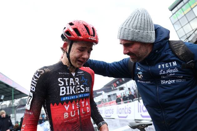 Belgian Emiel Osaer reacts after finishing as second in the men U17, U 17 (second year) race of the Belgian Cyclocross Championships (11-12 01) on Sunday 12 January 2025 in Heusden-Zolder. DAVIDxPINTENS  x110234766x