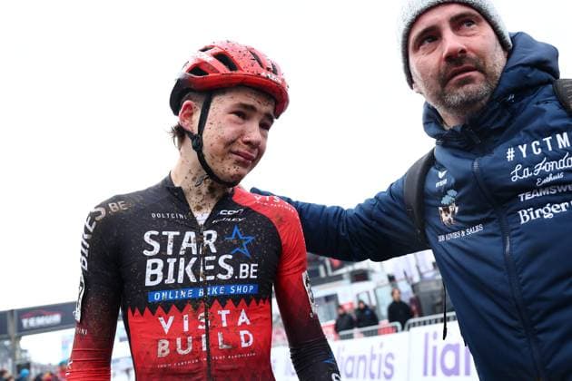 Belgian Emiel Osaer reacts after finishing as second in the men U17, U 17 (second year) race of the Belgian Cyclocross Championships (11-12 01) on Sunday 12 January 2025 in Heusden-Zolder. DAVIDxPINTENS  x110234783x